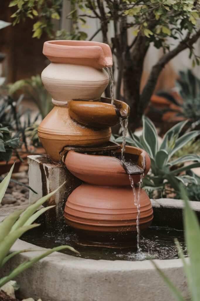 Stacked clay pots with flowing water in a garden fountain