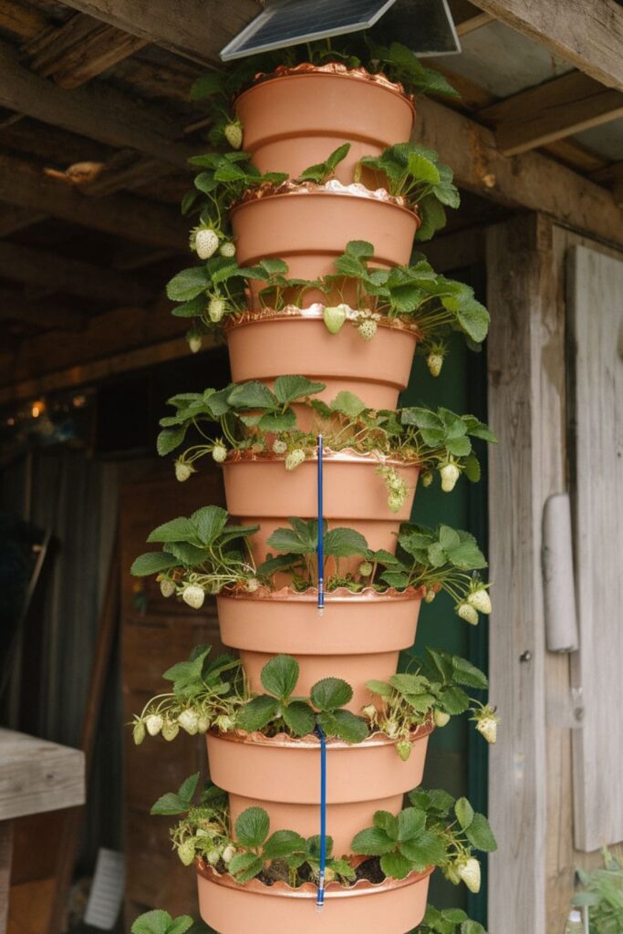 Stacked clay pots with strawberries and copper-painted edges