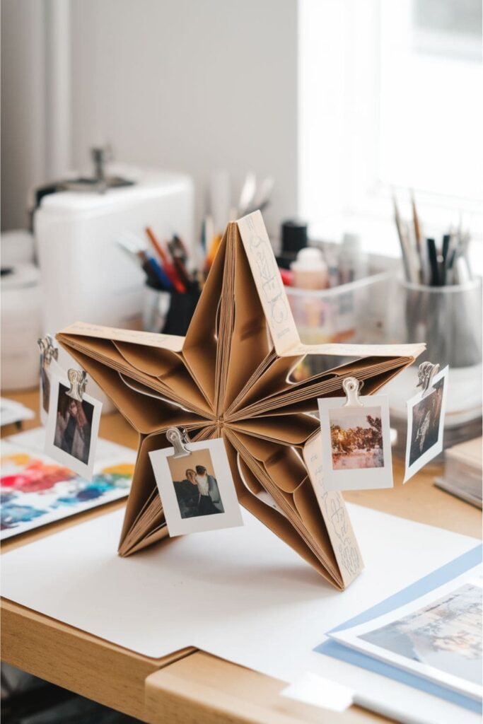 Star-shaped drying rack holding photos and artwork