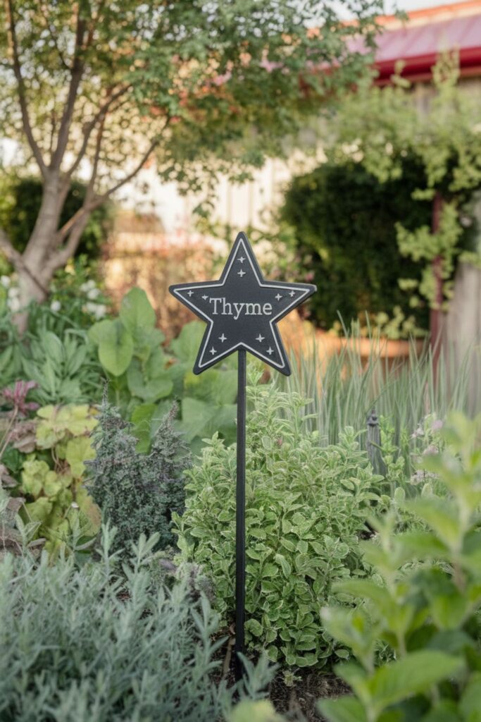 Star-shaped garden markers on stakes in a vibrant herb garden