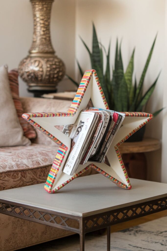 Star-shaped magazine holders storing magazines on a coffee table