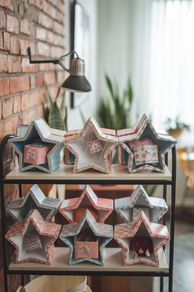 Star-shaped paper boxes decorated with washi tape, holding trinkets