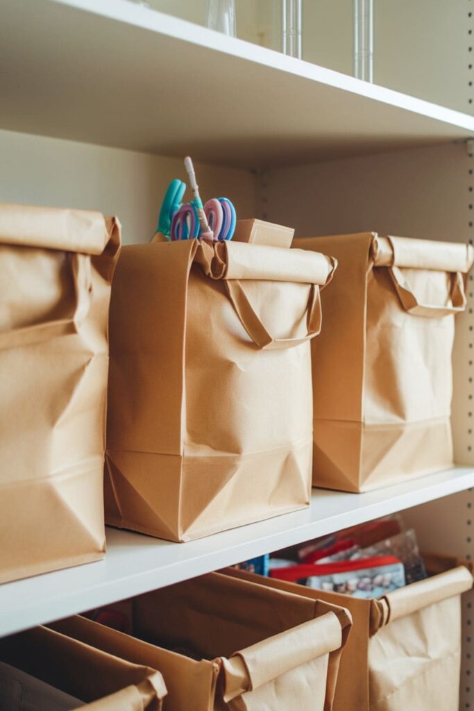 Sturdy paper bag storage bins lined with fabric, holding toys and supplies on a shelf