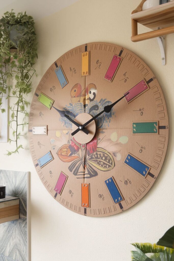 Stylish wall clock made from cardboard with hand-painted numbers and a functional clock mechanism, hanging on a wall