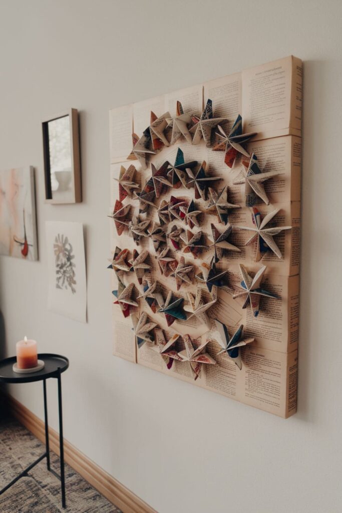 Swirling paper stars made from old book pages on a canvas