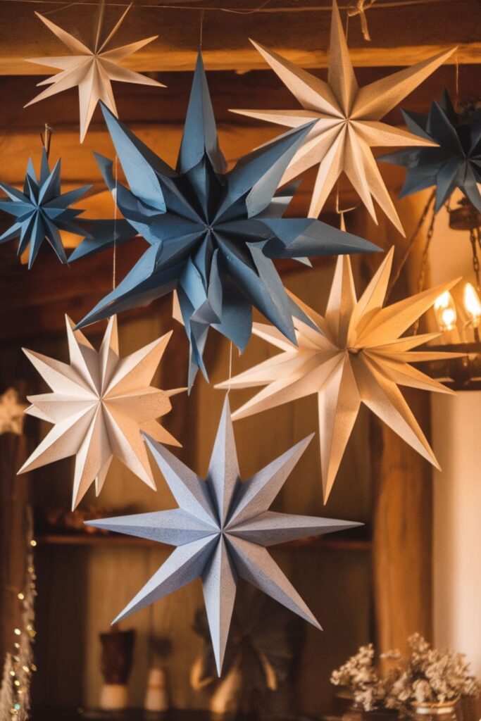 Three-dimensional paper stars hanging from strings