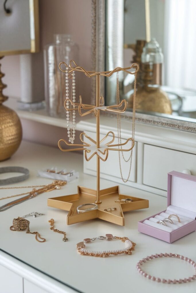 Tiered star-shaped jewelry stand holding necklaces and rings