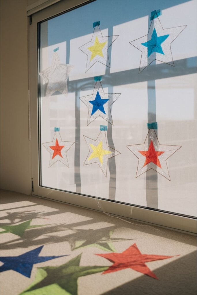 Transparent star window catchers casting colorful shadows