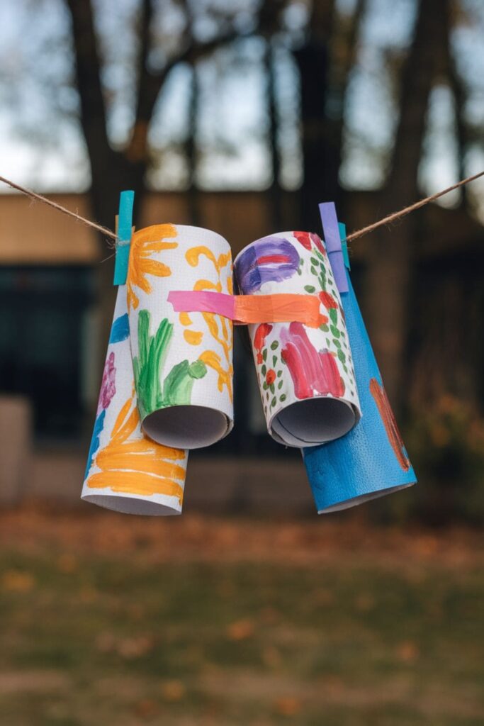 Two decorated paper towel rolls taped together as binoculars, featuring colorful paint designs, hanging from a string outdoors