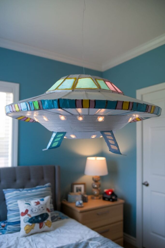 Two paper plates joined and painted metallic to resemble a flying saucer, with glowing LED lights, hanging from a ceiling