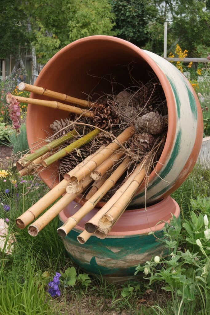 Upside-down clay pot filled with twigs and bamboo for insects