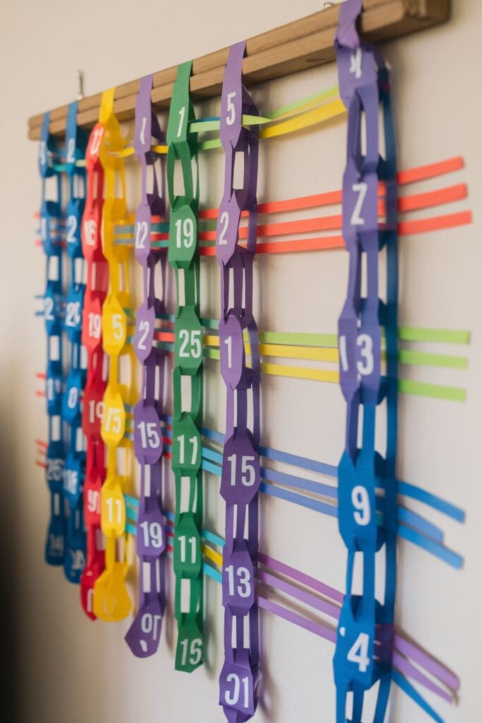 Vibrant paper chain countdown calendar hanging on a wall, composed of colorful strips linked together with numbers written on them