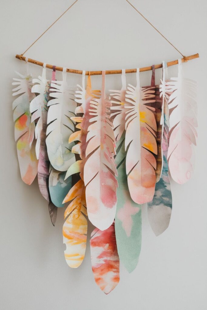 Watercolor-painted paper feathers in a boho wall hanging