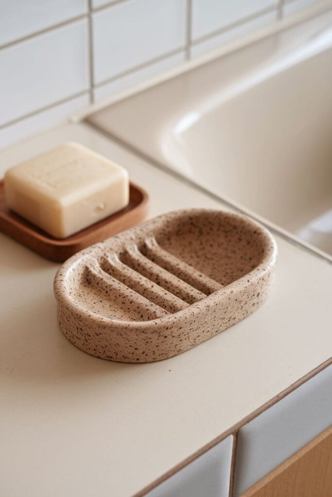 clay soap dish with ridges on a bathroom counter