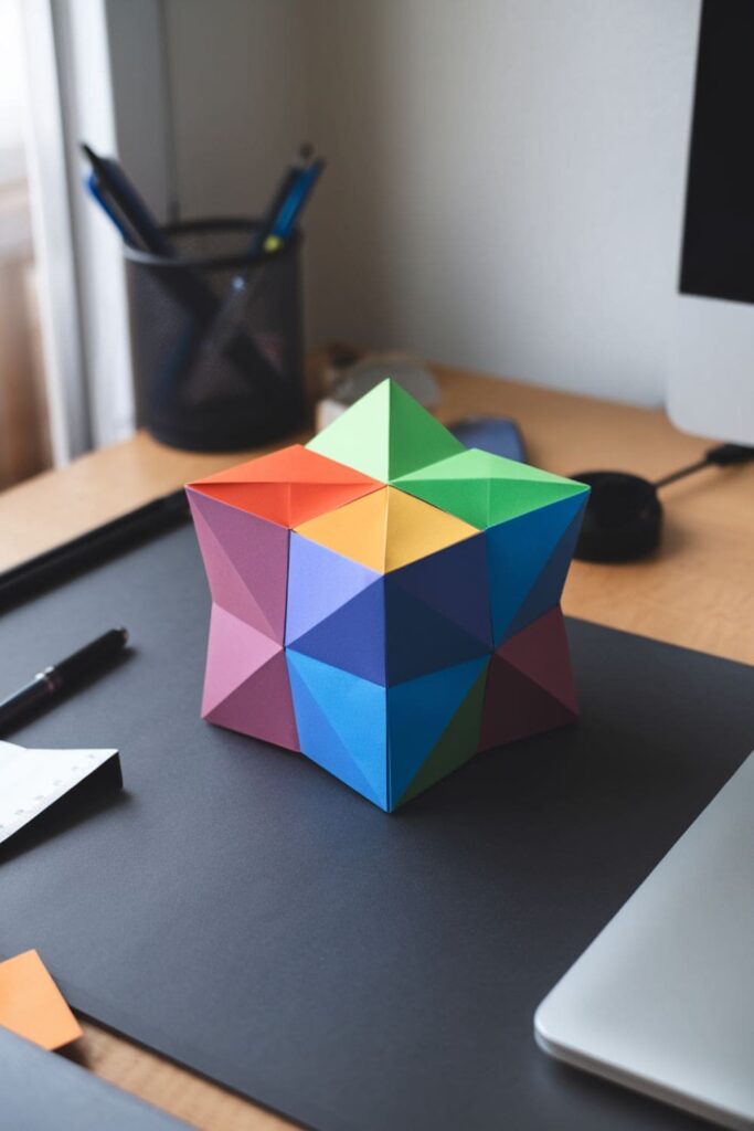 3D cube made from sticky notes on a minimalist desk