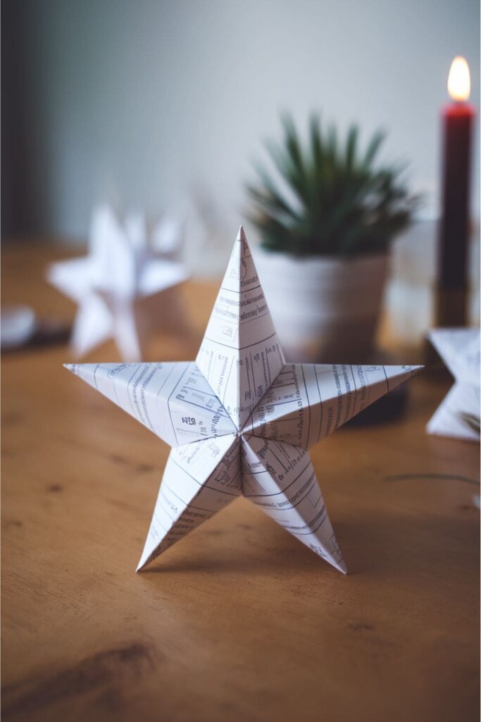 3D modular paper star crafted from A4 sheets on a wooden table