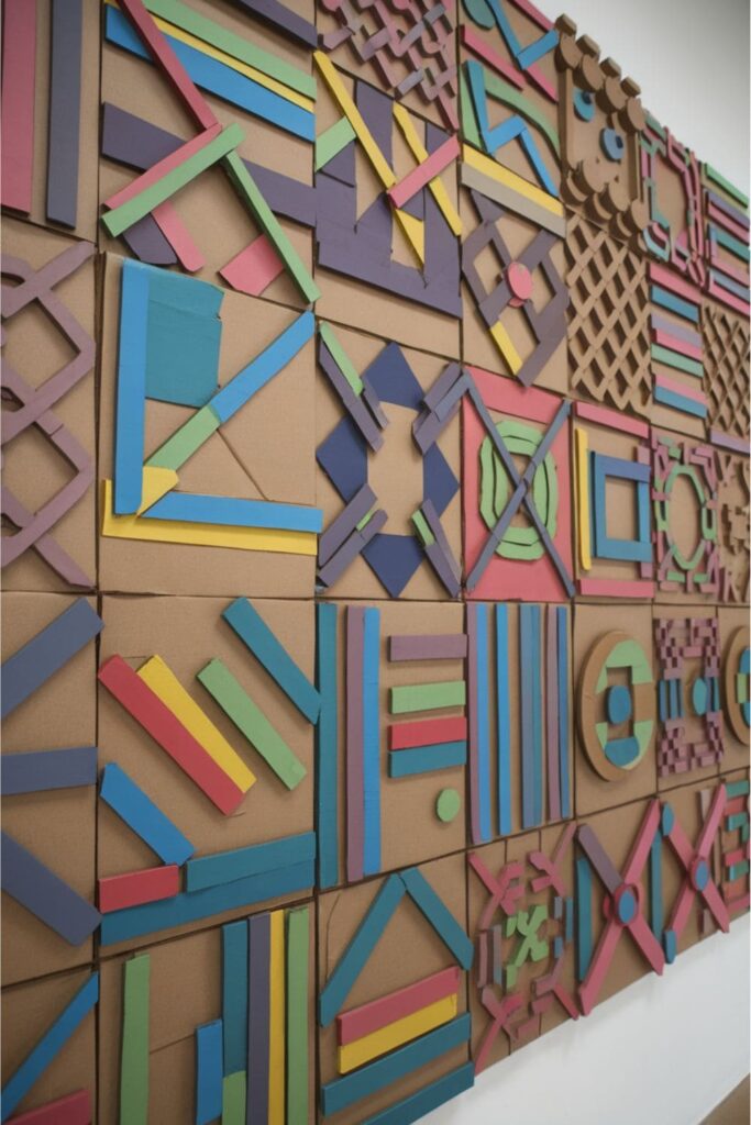 3D quilt patterns recreated with layered cardboard squares