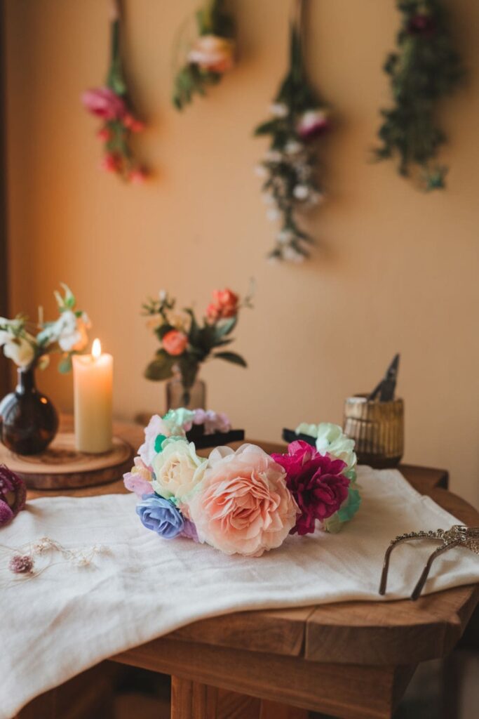 A flower headband with pastel and jewel-toned blooms on a table