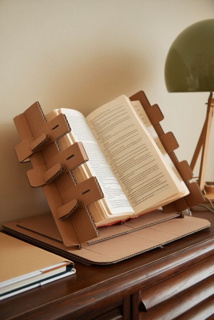 Adjustable cardboard book rest holding a textbook