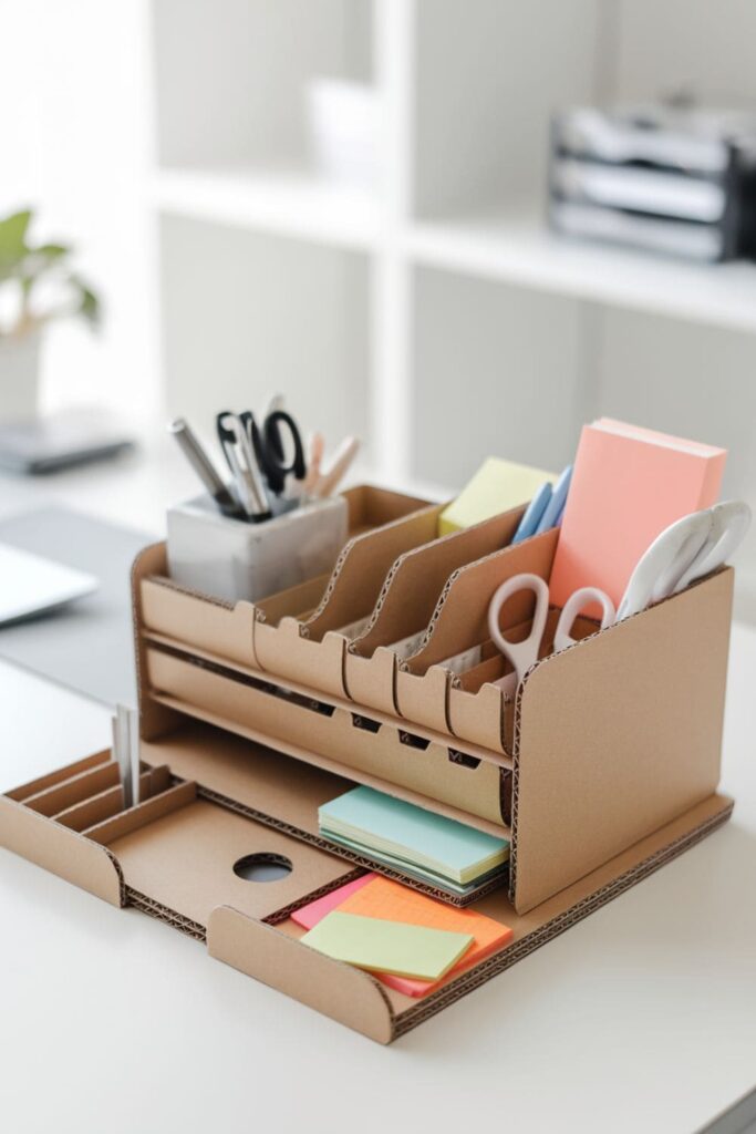 Adjustable cardboard drawer organizer on a desk in an office