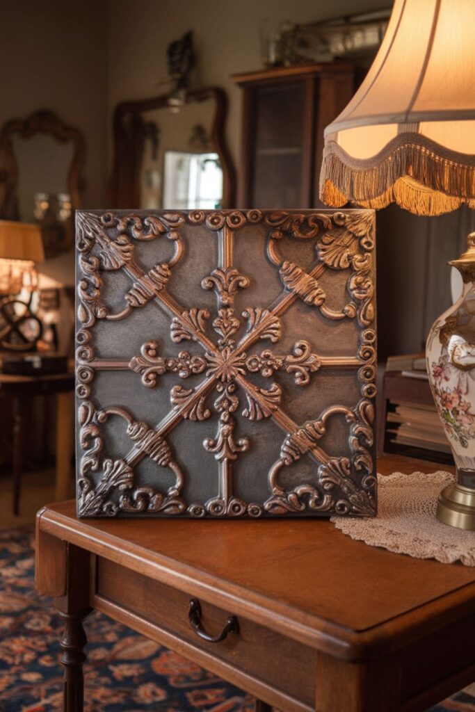 Antique silver and copper Victorian-style hot glue tile on a table