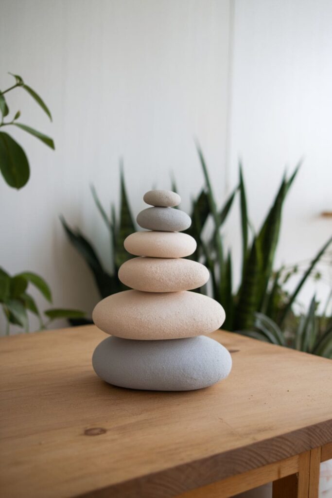 Balanced hot glue stone sculptures with a natural texture on a table