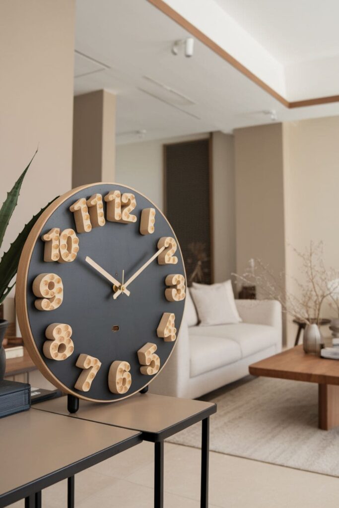 Black and gold clock face with raised numbers on a table in a modern living room