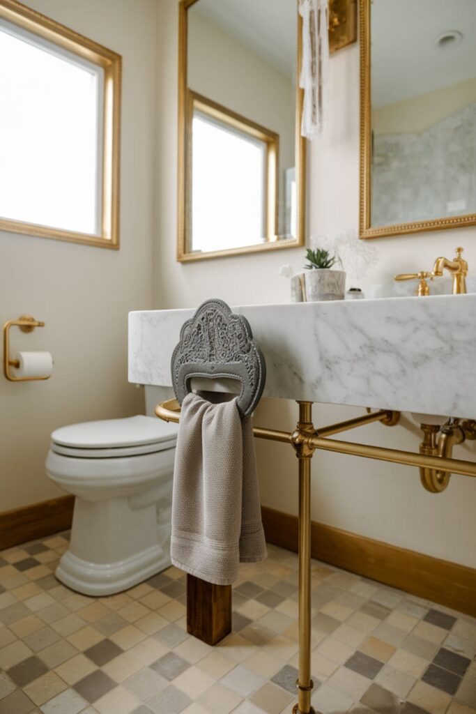 Black ornate towel ring on a table in a stylish bathroom