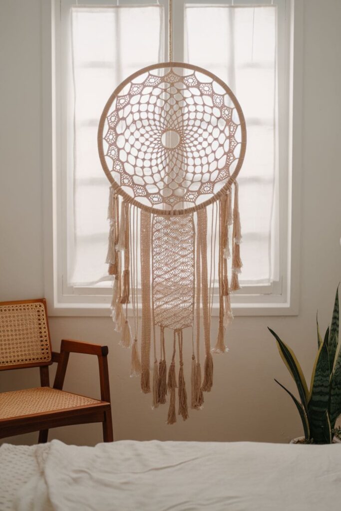 Bohemian wool-wrapped cardboard dreamcatcher near a window