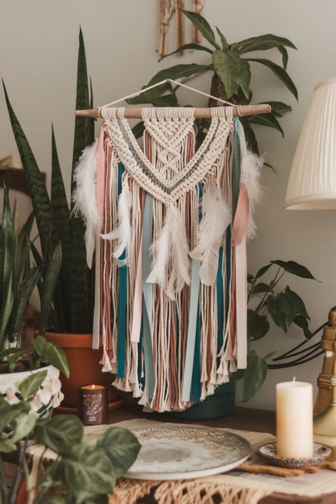 Boho wall hanging with yarn, ribbons, and feathers on a table