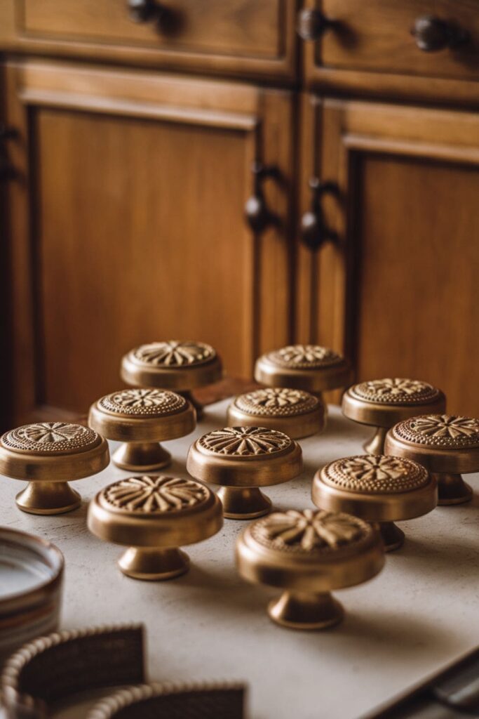 Brass cabinet knobs with patterns on a table in a warm kitchen