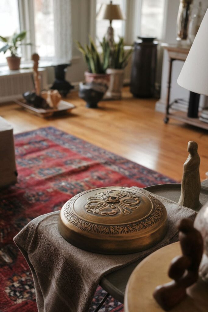 Bronze decorative door stop on a table in a cozy living room