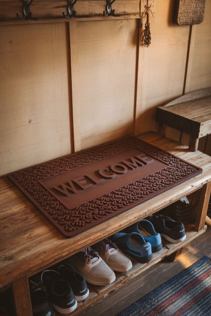 Brown door mat with a welcome message on a table in a rustic entryway