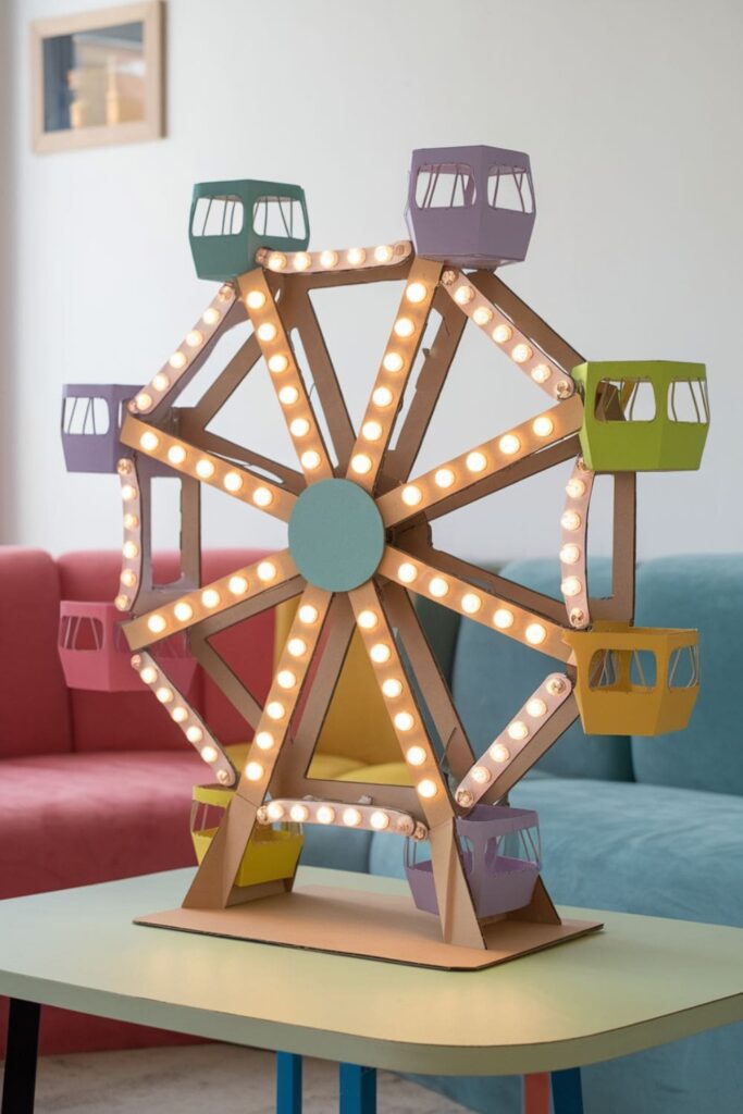 Cardboard Ferris wheel glowing with LED lights on a table