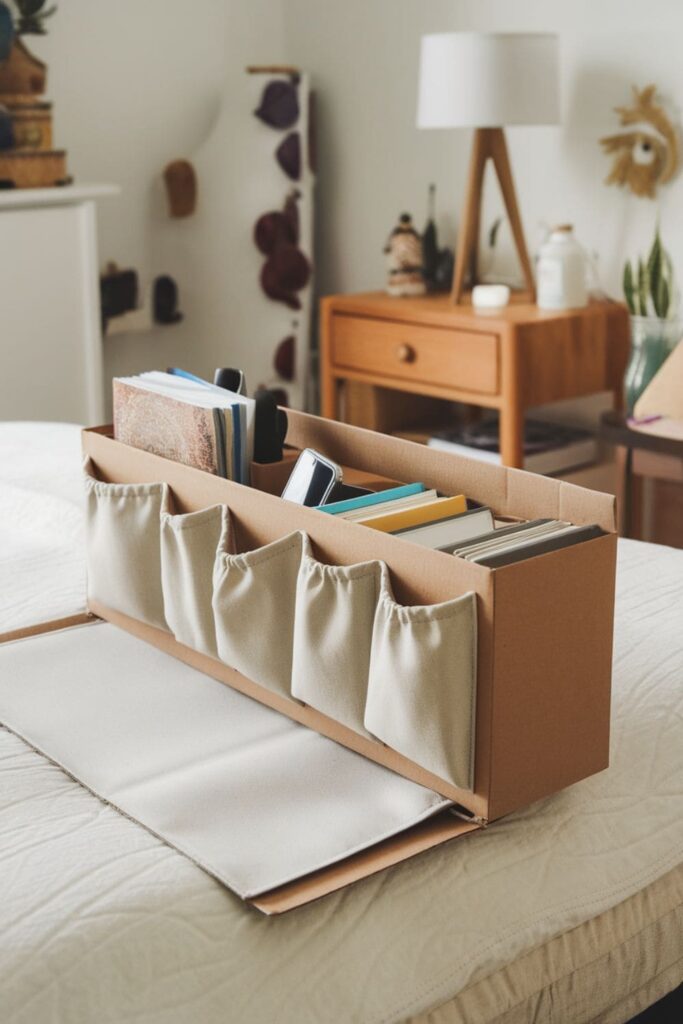 Cardboard bedside caddy on a bed in a cozy bedroom