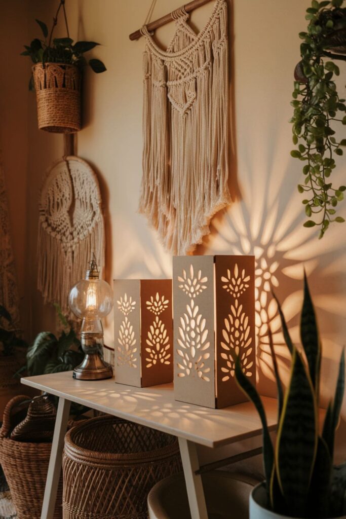 Cardboard boho light sconces with cutout patterns on a table