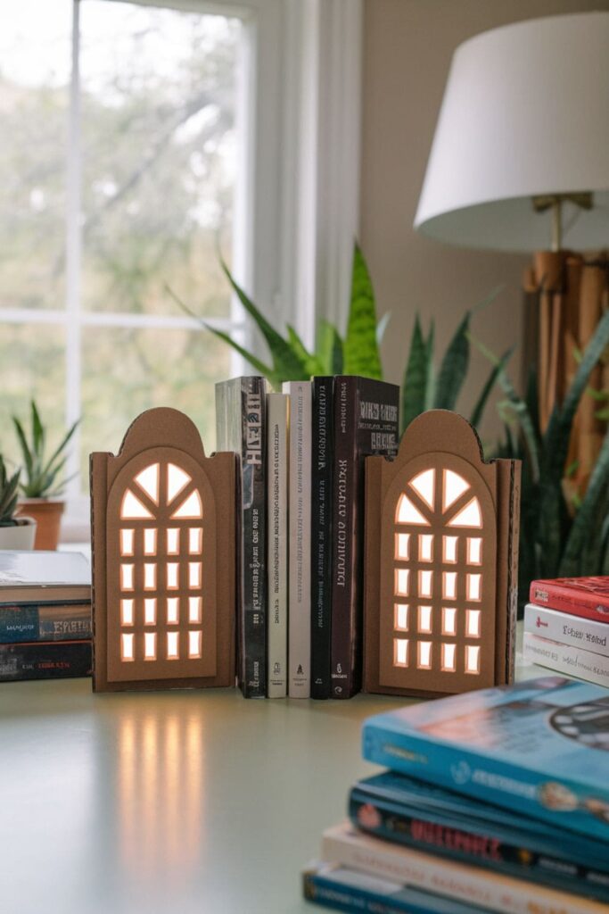 Cardboard bookends with glowing windows on a bookshelf table