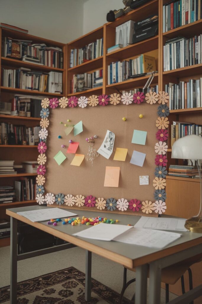 Cardboard bulletin board frame with layered flowers on a table in a study