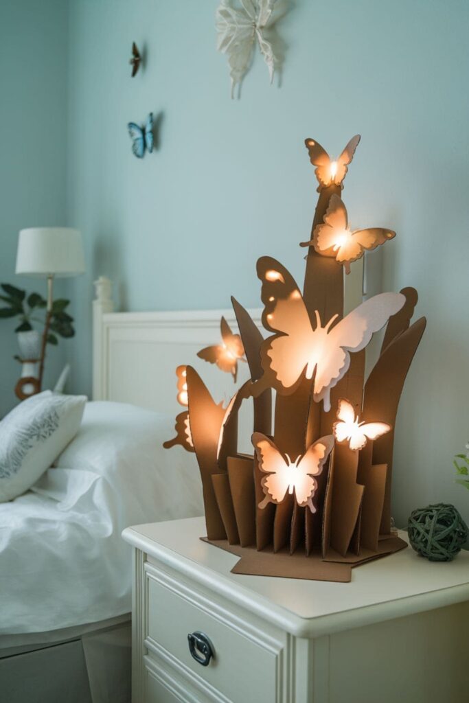 Cardboard butterflies lit with LEDs casting shadows on a table