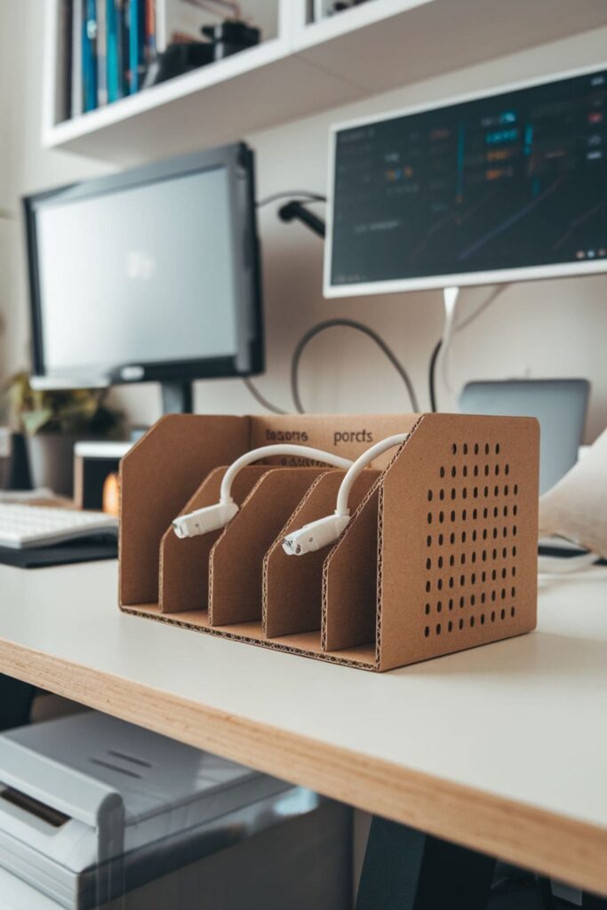 Cardboard cable organizer on a desk in a modern home office