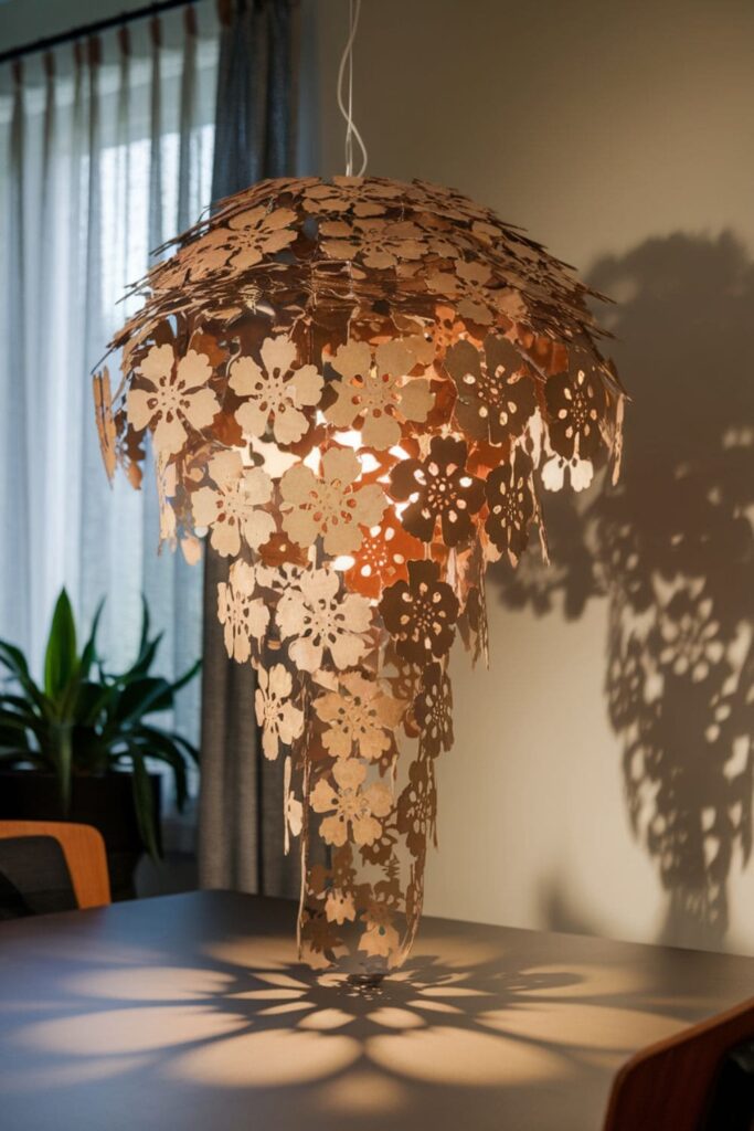 Cardboard chandelier with cascading flowers on a table under soft light