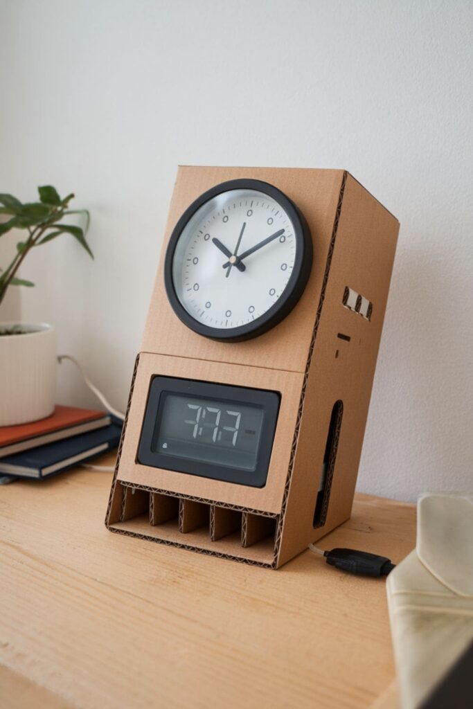 Cardboard clock stand with storage compartments