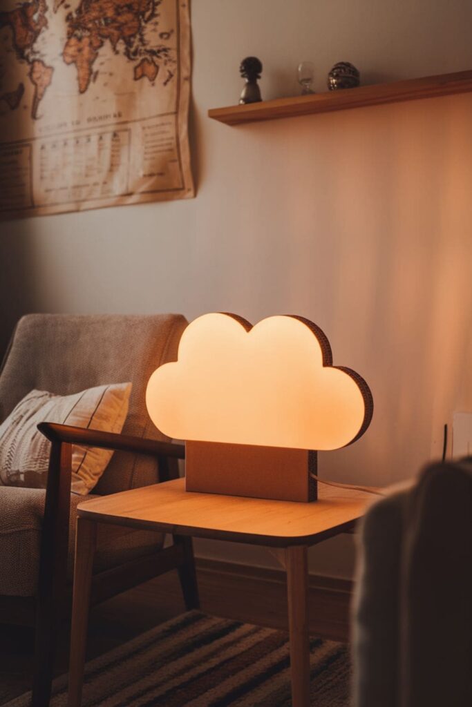 Cardboard cloud lamp glowing with warm LED lights on a table