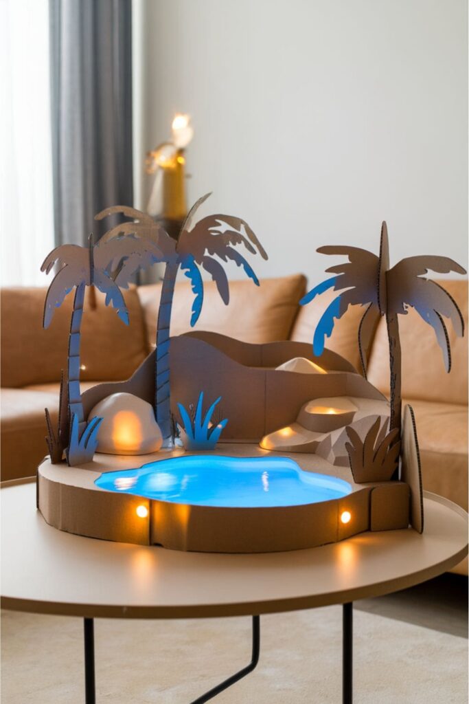 Cardboard desert scene with glowing oasis lights on a living room table