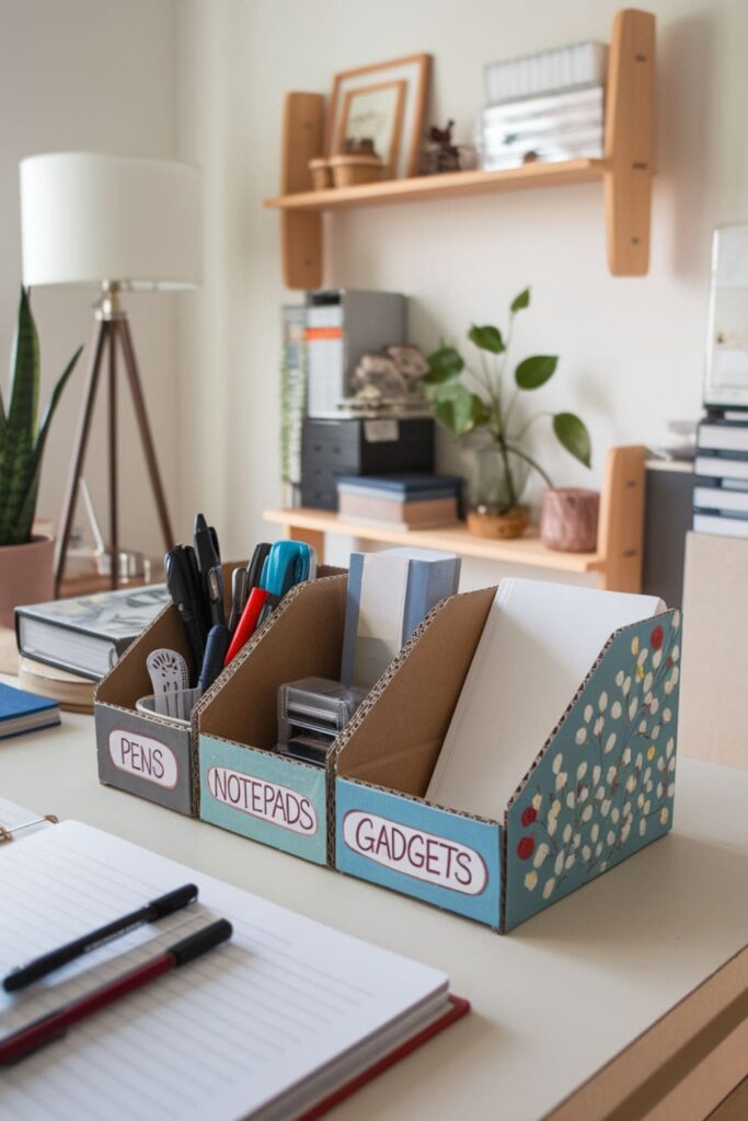 Cardboard desk organizer with compartments on a home office desk