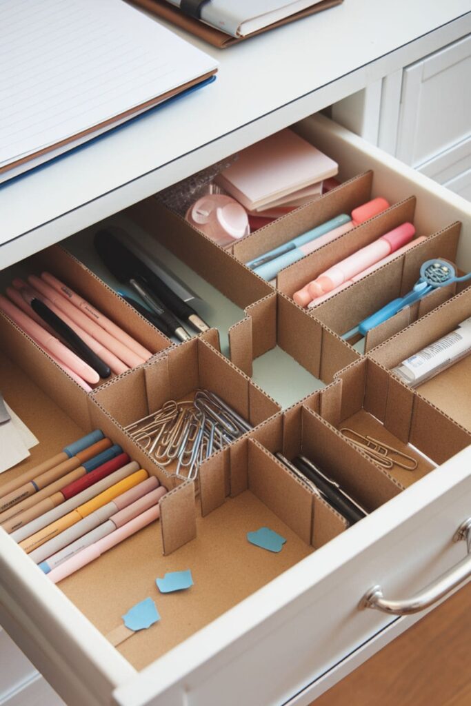 Cardboard drawer dividers organizing stationery