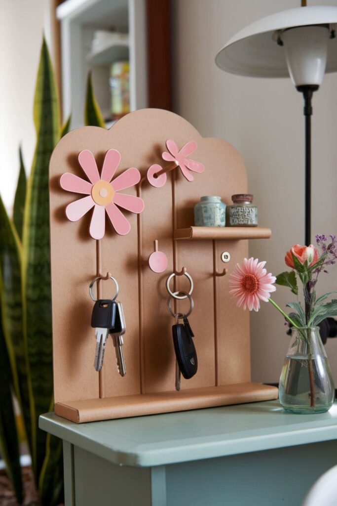 Cardboard key holder with flower-shaped hooks on a table in an entryway