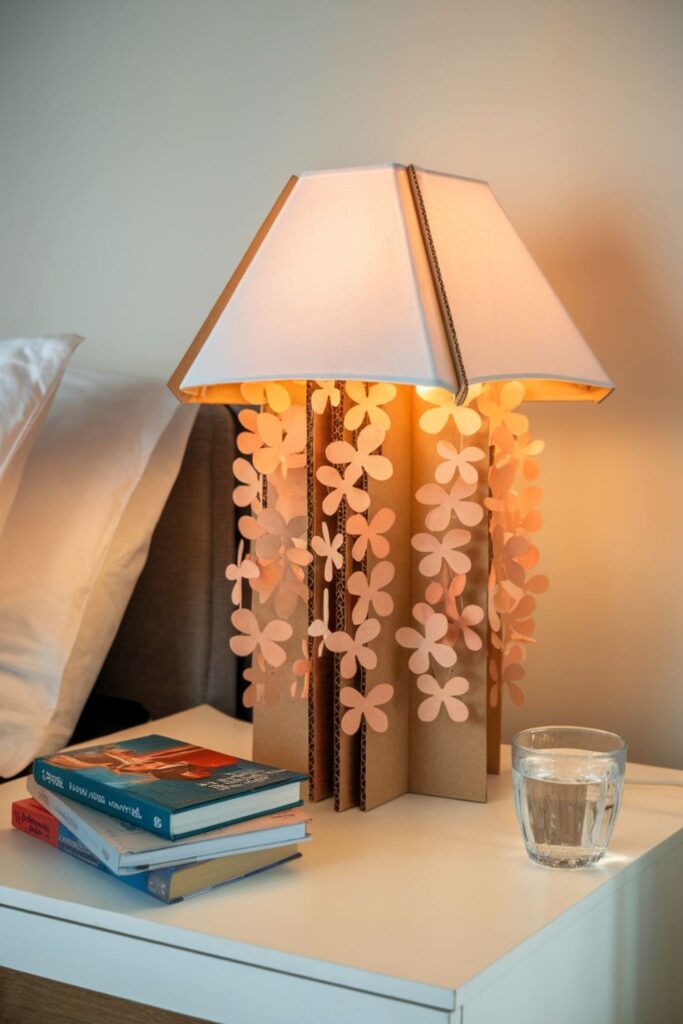 Cardboard lamp base with cascading flowers on a table in a bedroom