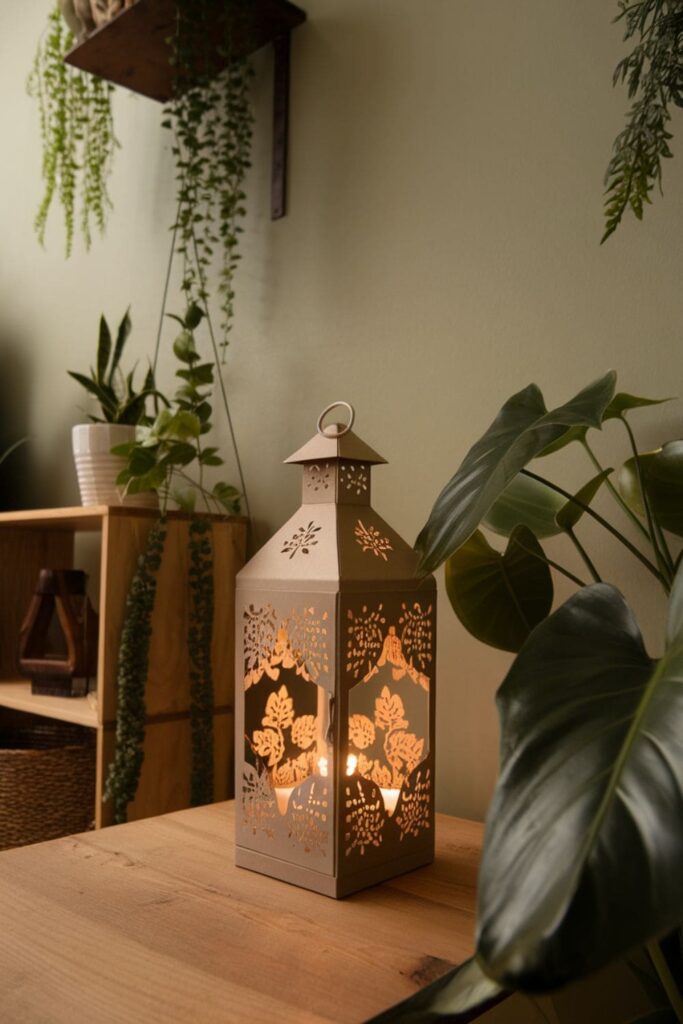 Cardboard lantern with floral cutouts glowing from LED lights on a table