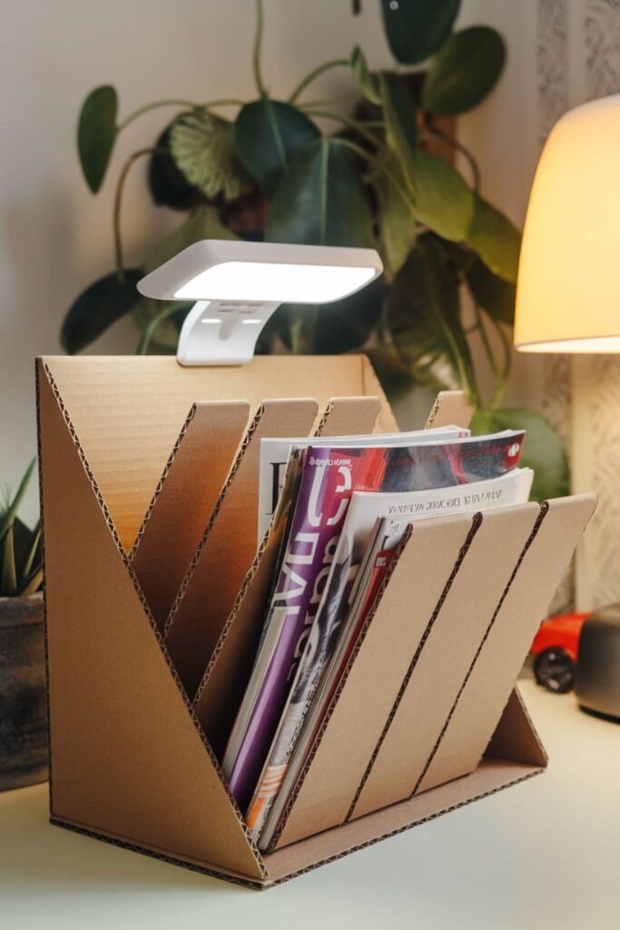 Cardboard magazine rack with a clip-on light